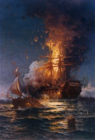 Esir düşen Philadelphia Fırkateyni'nin 1804 yılı Şubat ayında Trablus limanında ABD'liler tarafından yakılışının tablosu....jpg
